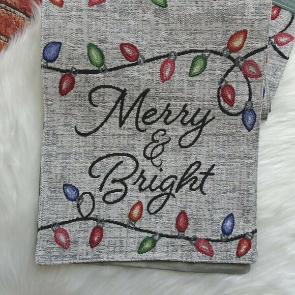 New Holiday Table Runner Christmas Lights Bulbs Merry & Bright Gray Multi Color - Picture 5 of 10